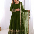 Stunning Olive Green Faux Georgette Embroidered Anarkali Suit with Heavy Net Dupatta for Women