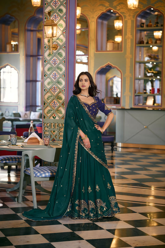 Luxury Teal Green Rangoli Silk Embroidered Lehenga Choli Designer Dupatta for Wedding