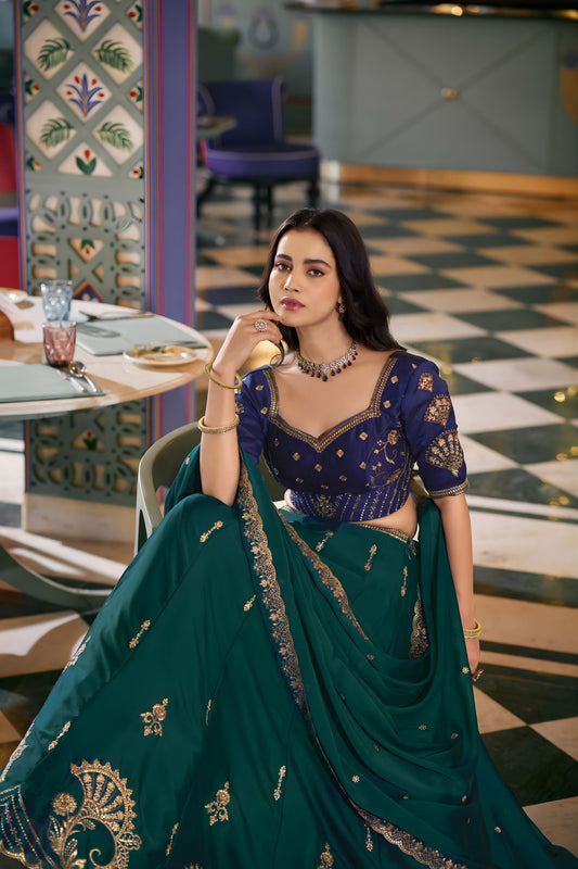 Luxury Teal Green Rangoli Silk Embroidered Lehenga Choli Designer Dupatta for Wedding