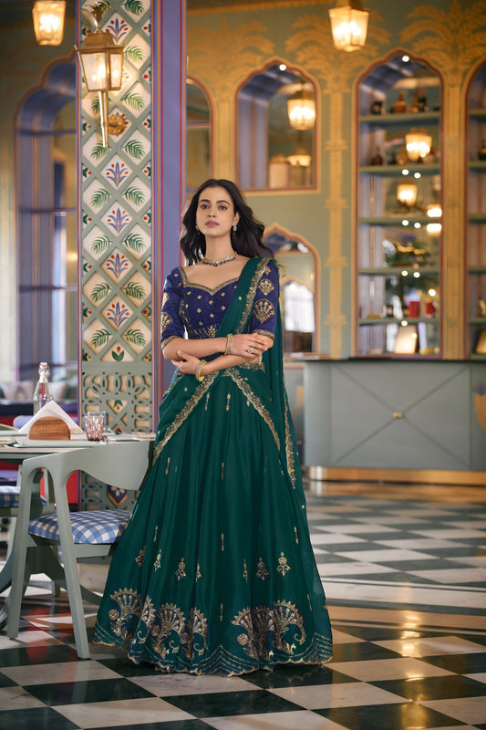 Luxury Teal Green Rangoli Silk Embroidered Lehenga Choli Designer Dupatta for Wedding