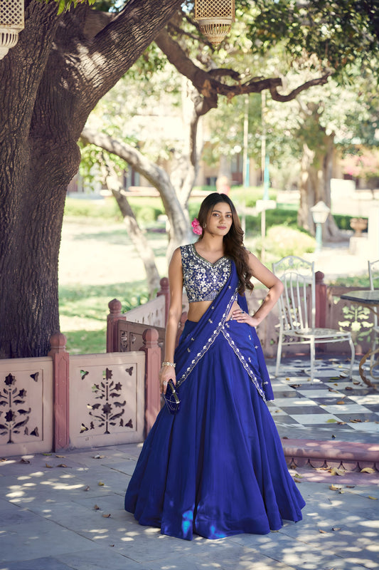 Royal Blue Rangoli Silk Embroidered Lehenga Choli with Designer Dupatta for Wedding