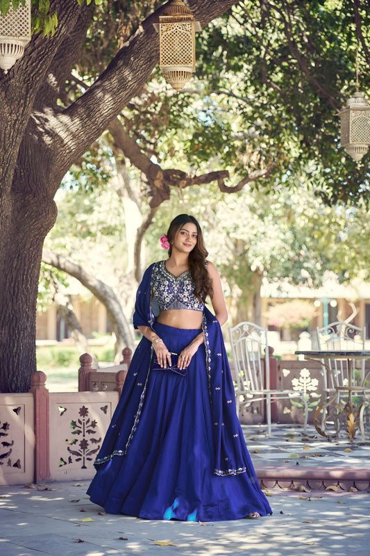 Royal Blue Rangoli Silk Embroidered Lehenga Choli Designer Dupatta for Wedding