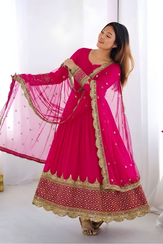 Elegant Rani Pink Embroidered Anarkali Suit Designer Net Dupatta for Women