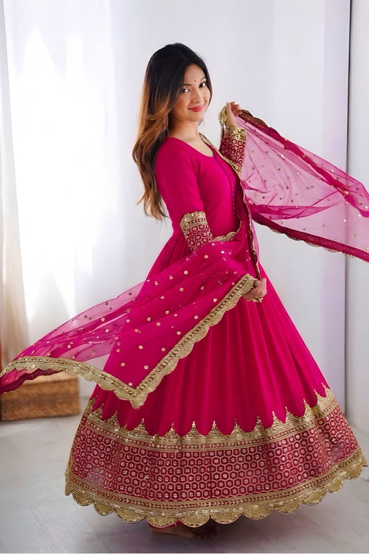 Elegant Rani Pink Embroidered Anarkali Suit Designer Net Dupatta for Women