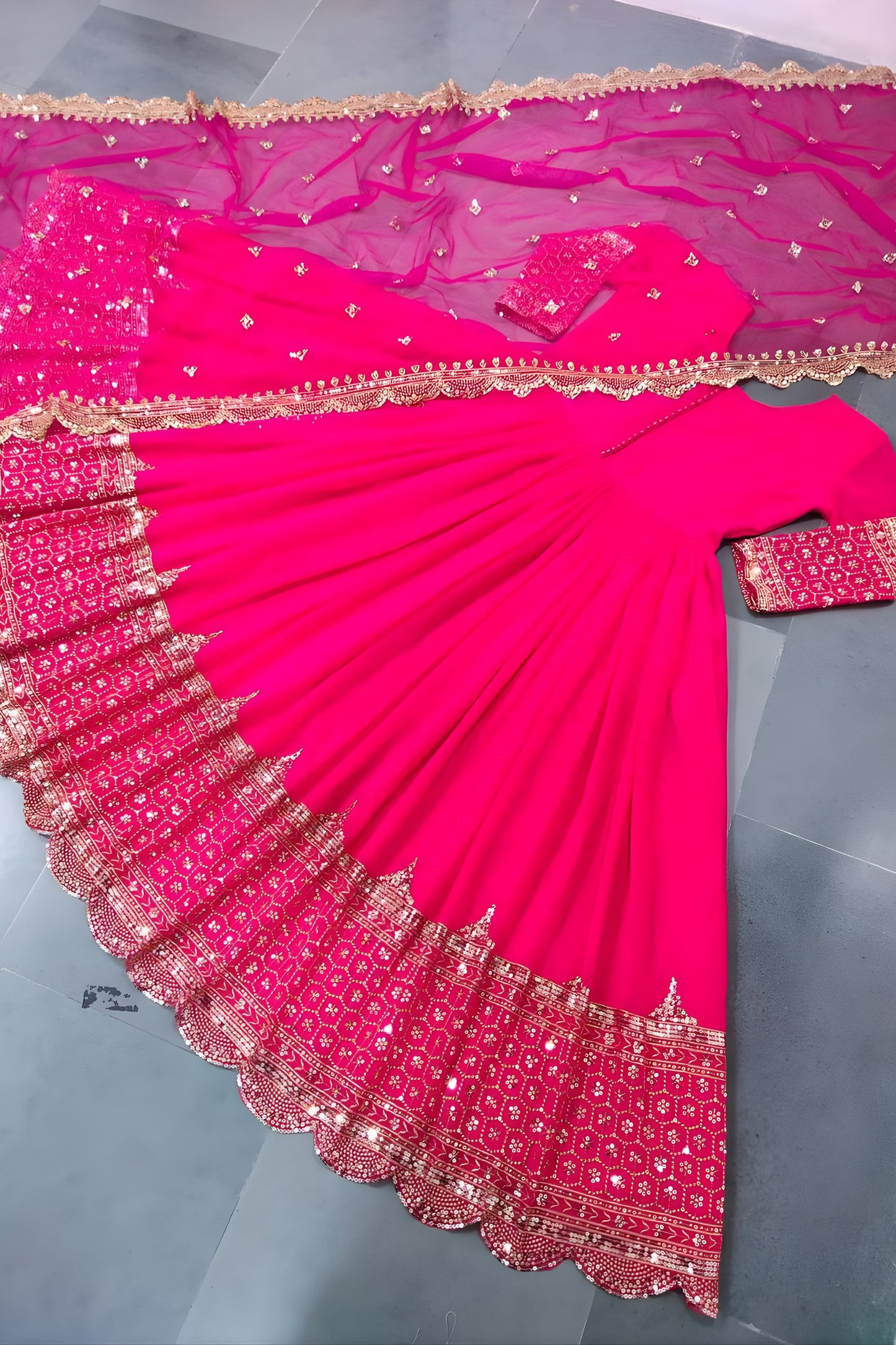Elegant Rani Pink Embroidered Anarkali Suit Designer Net Dupatta for Women