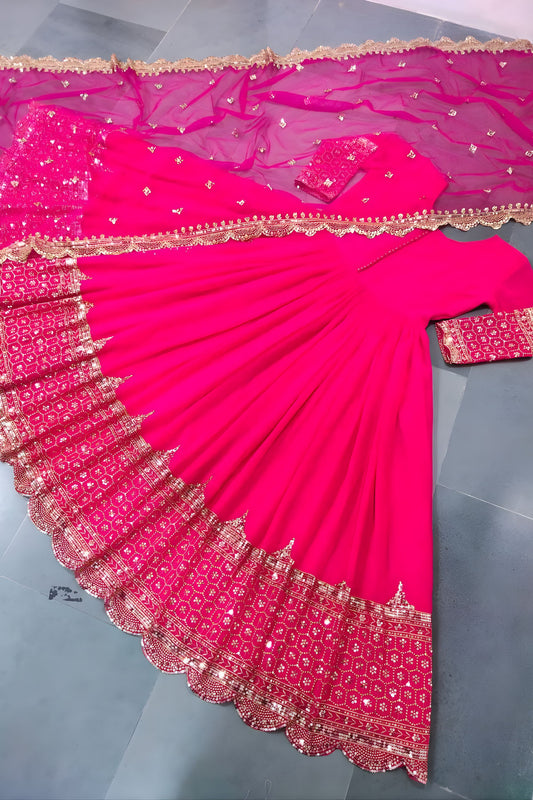 Elegant Rani Pink Embroidered Anarkali Suit Designer Net Dupatta for Women