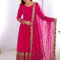 Elegant Rani Pink Embroidered Anarkali Suit Designer Net Dupatta for Women