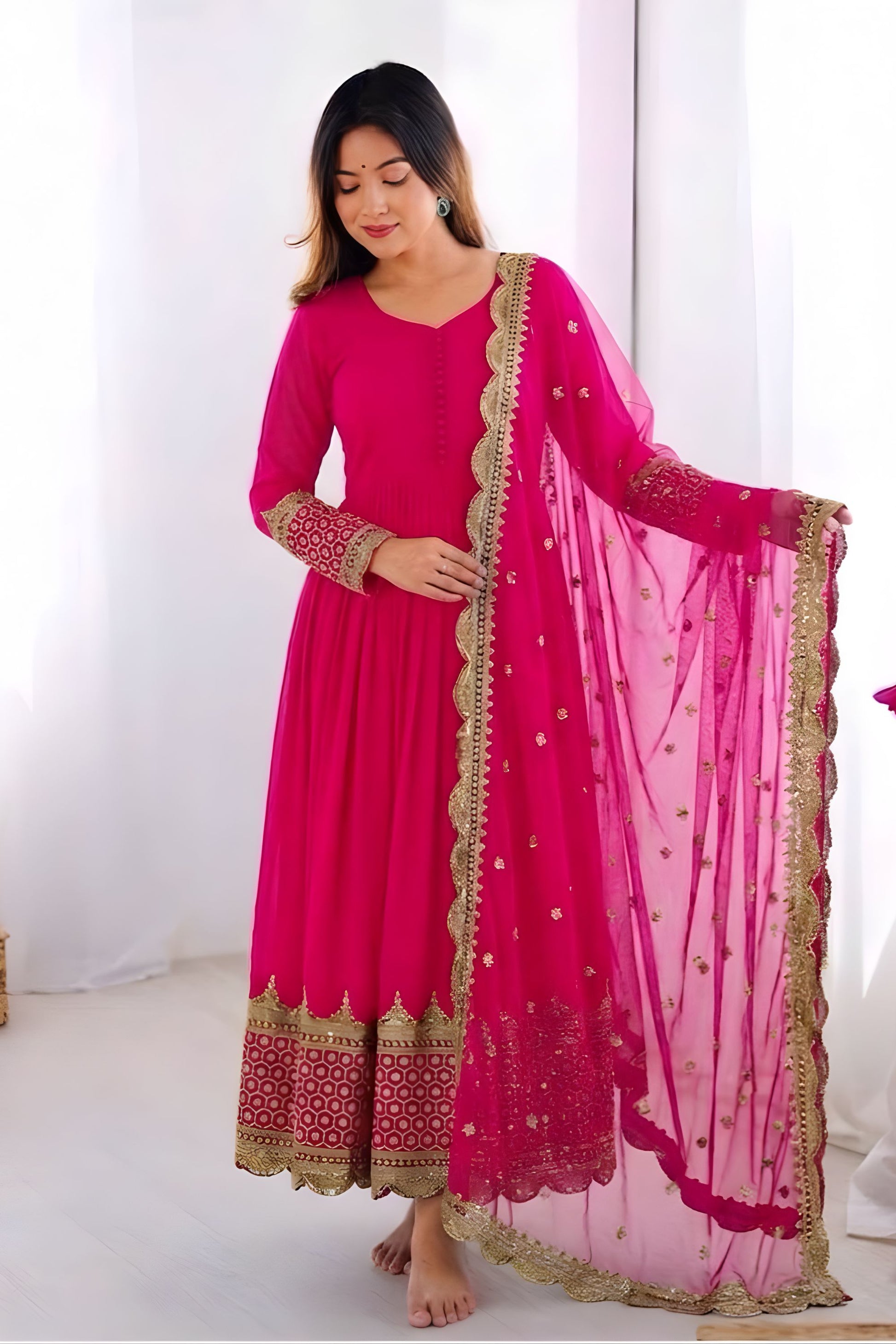 Elegant Rani Pink Embroidered Anarkali Suit Designer Net Dupatta for Women