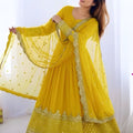 Elegant Mustard Yellow Embroidered Anarkali Suit Designer Net Dupatta