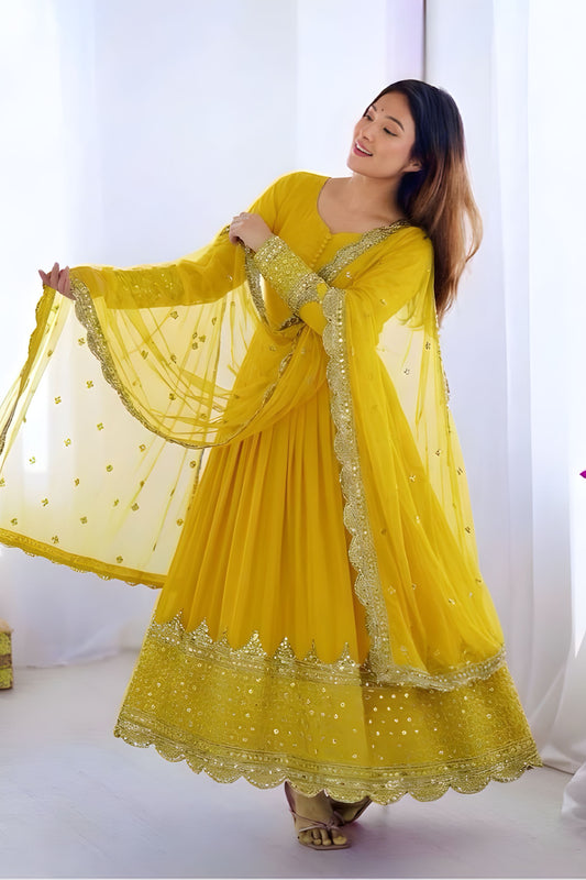 Elegant Mustard Yellow Embroidered Anarkali Suit Designer Net Dupatta