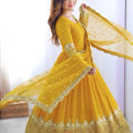 Elegant Mustard Yellow Embroidered Anarkali Suit Designer Net Dupatta