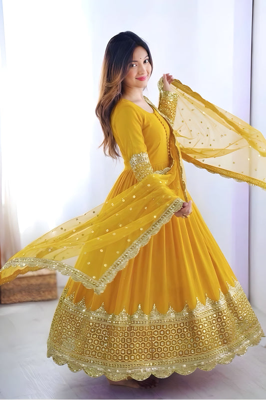 Elegant Mustard Yellow Embroidered Anarkali Suit Designer Net Dupatta