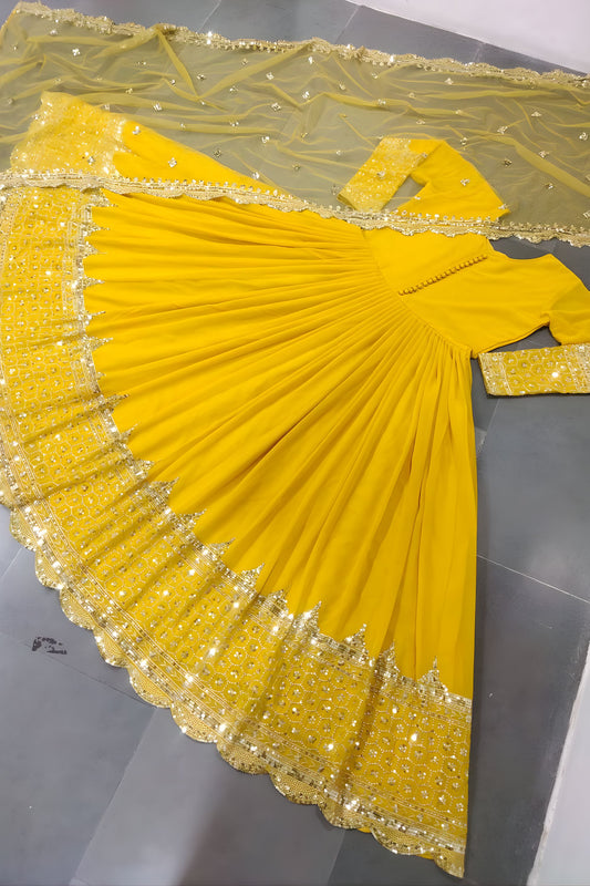 Elegant Mustard Yellow Embroidered Anarkali Suit Designer Net Dupatta