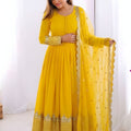 Elegant Mustard Yellow Embroidered Anarkali Suit Designer Net Dupatta