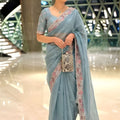 Pastel Blue Organza Saree Embroidered Border Sequins Work