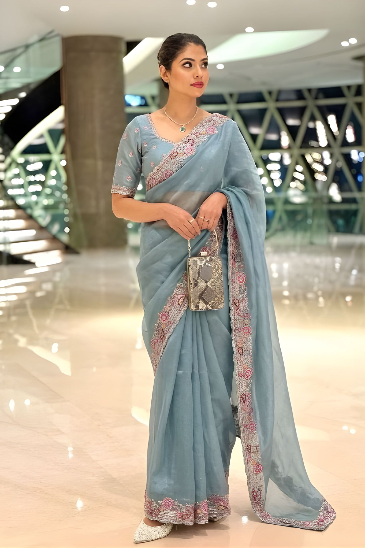 Pastel Blue Organza Saree Embroidered Border Sequins Work