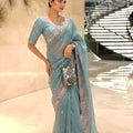 Pastel Blue Organza Saree Embroidered Border Sequins Work