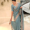 Pastel Blue Organza Saree Embroidered Border Sequins Work