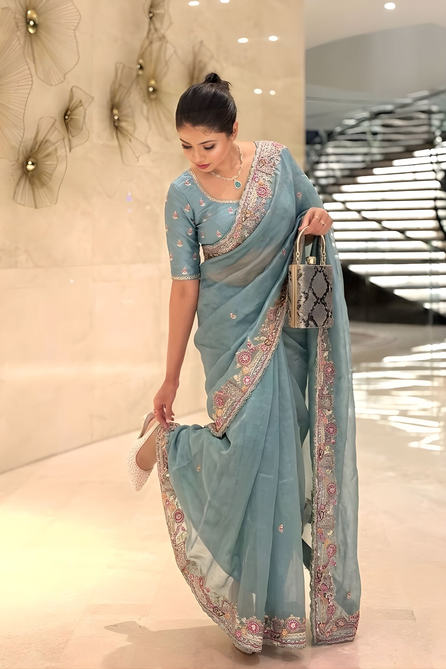 Pastel Blue Organza Saree Embroidered Border Sequins Work