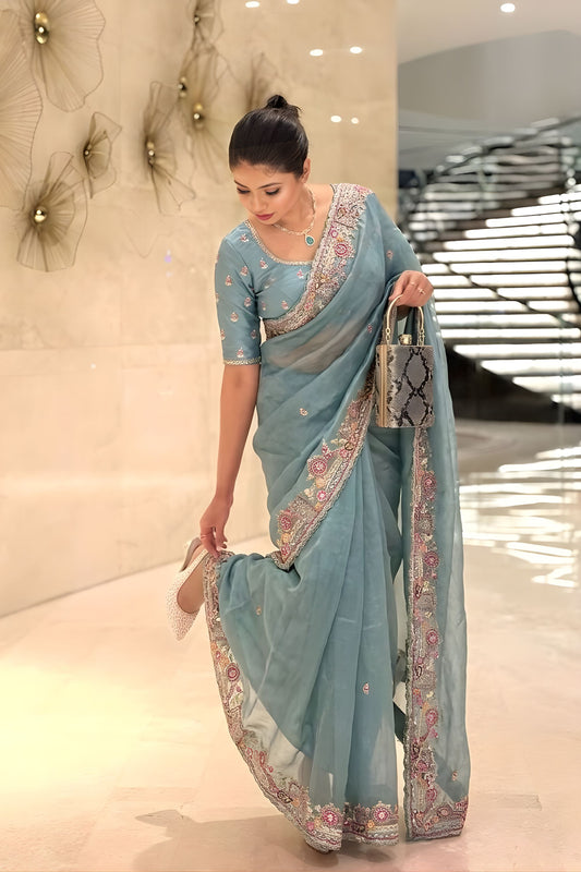 Pastel Blue Organza Saree Embroidered Border Sequins Work