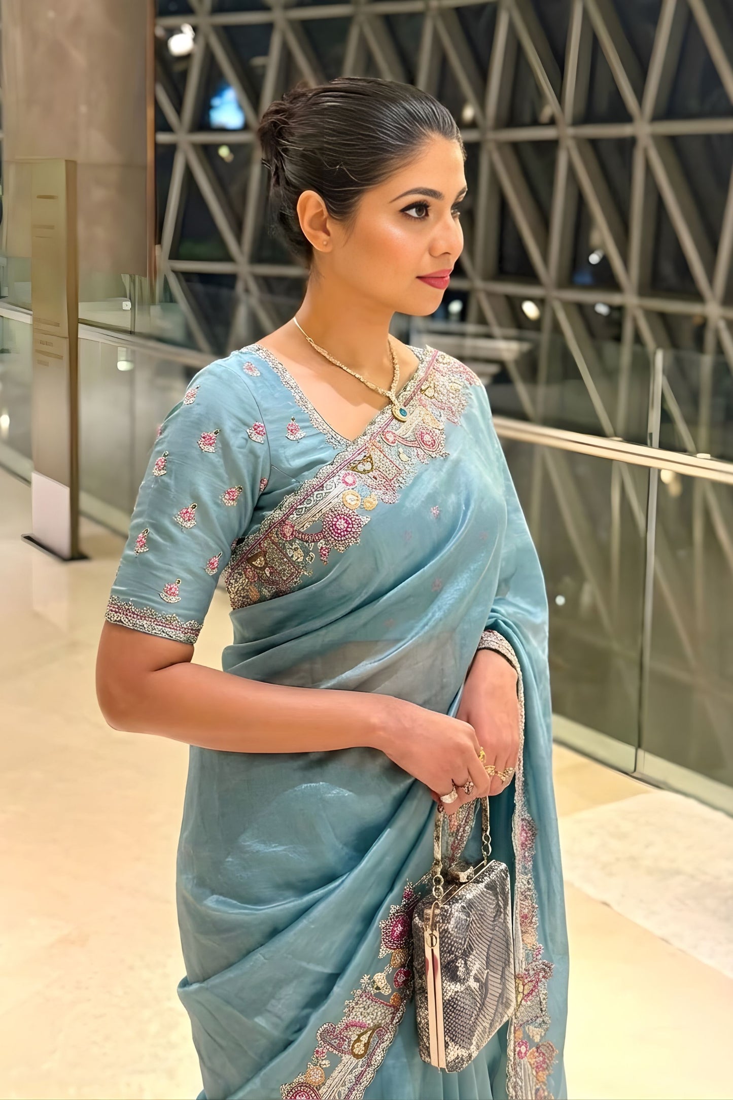 Pastel Blue Organza Saree Embroidered Border Sequins Work
