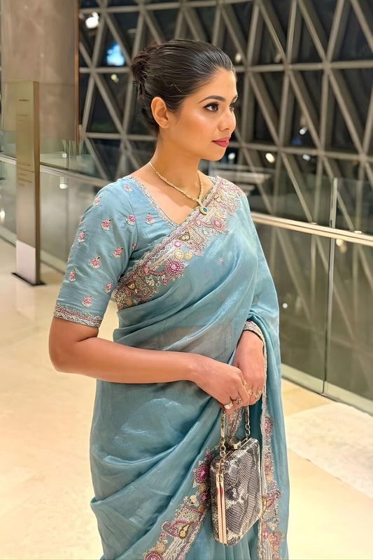 Pastel Blue Organza Saree Embroidered Border Sequins Work