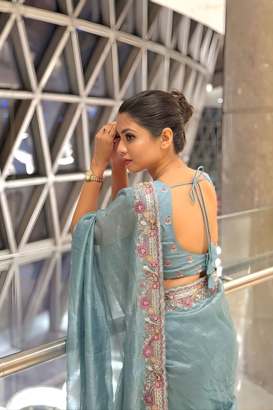 Pastel Blue Organza Saree Embroidered Border Sequins Work