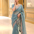 Pastel Blue Organza Saree Embroidered Border Sequins Work