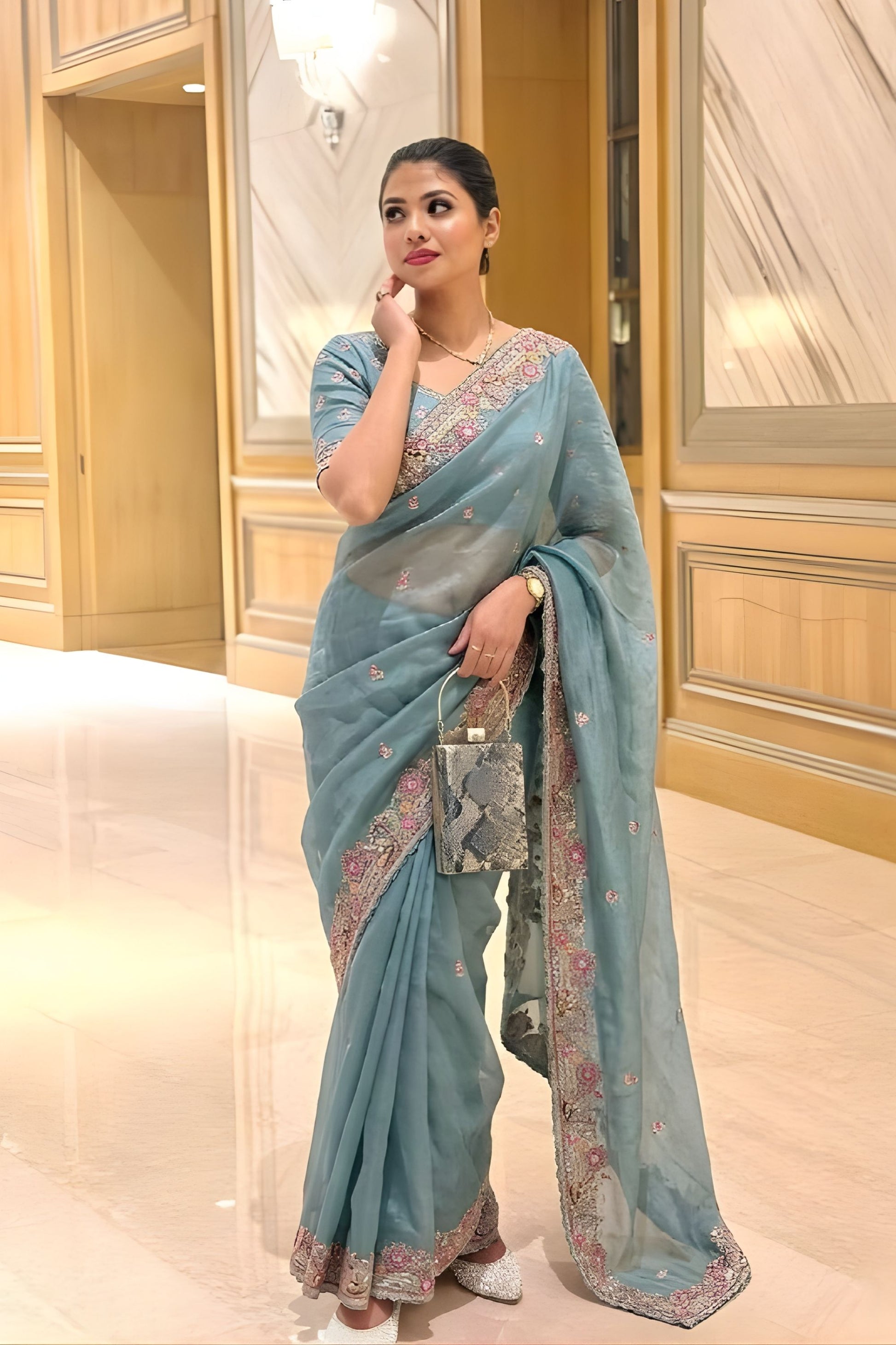 Pastel Blue Organza Saree Embroidered Border Sequins Work