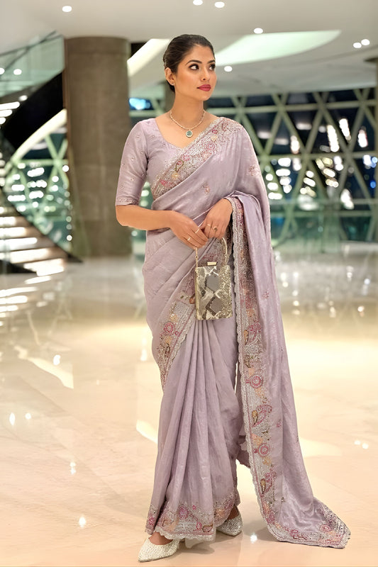 Lavender Embroidered Designer Saree Handwork Border