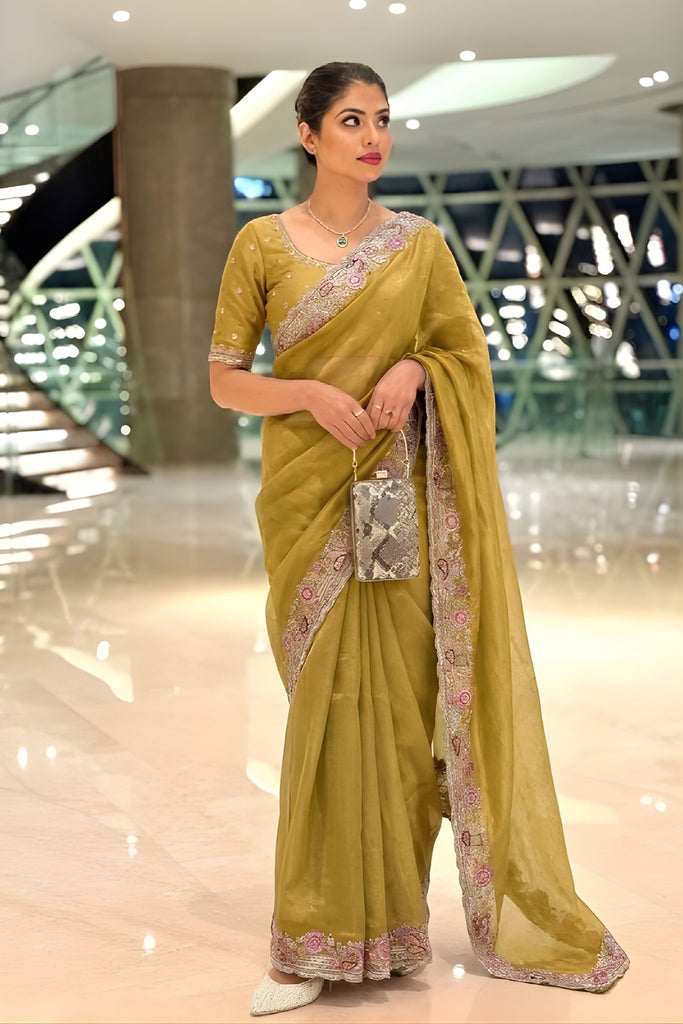 Mustard Yellow Embroidered Designer Saree Handwork Border
