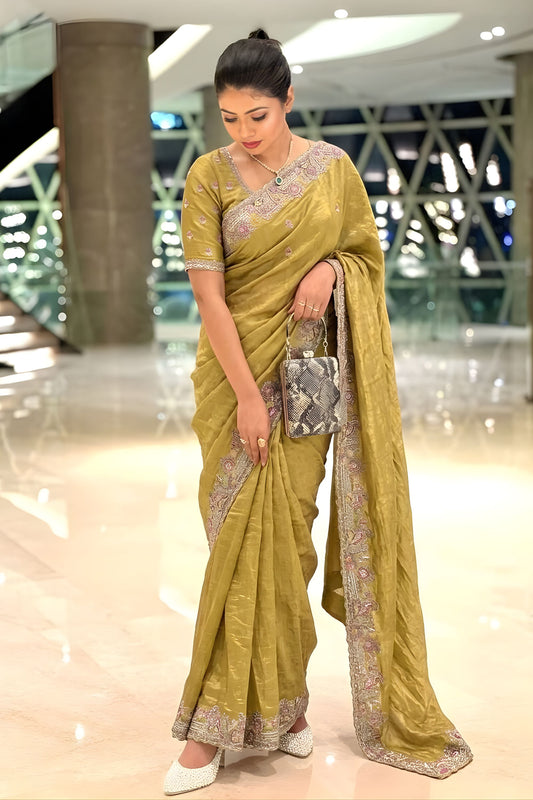 Mustard Yellow Embroidered Designer Saree Handwork Border