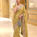 Mustard Yellow Embroidered Designer Saree Handwork Border