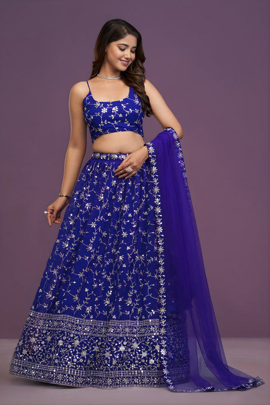 Royal Blue Georgette Embroidered Lehenga Choli with Soft Net Designer Dupatta for Wedding Wear