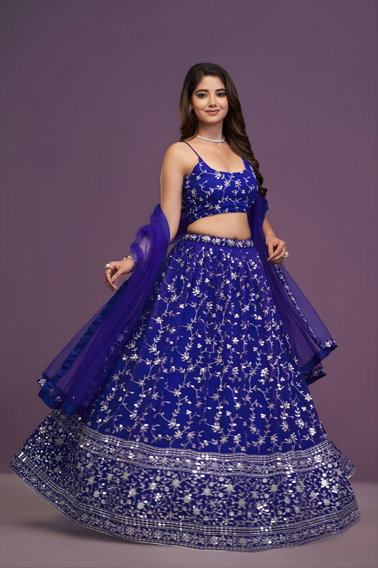 Royal Blue Georgette Embroidered Lehenga Choli with Soft Net Designer Dupatta for Wedding Wear