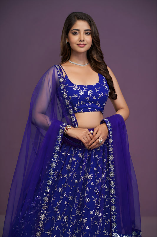 Royal Blue Georgette Embroidered Lehenga Choli with Soft Net Designer Dupatta for Wedding Wear