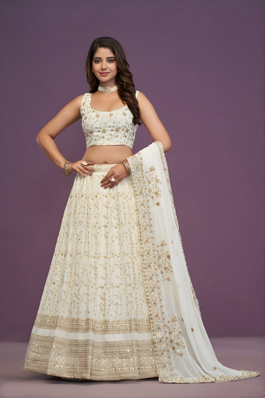 Stunning White Georgette Embroidered Lehenga Choli with Designer Dupatta for Wedding Wear