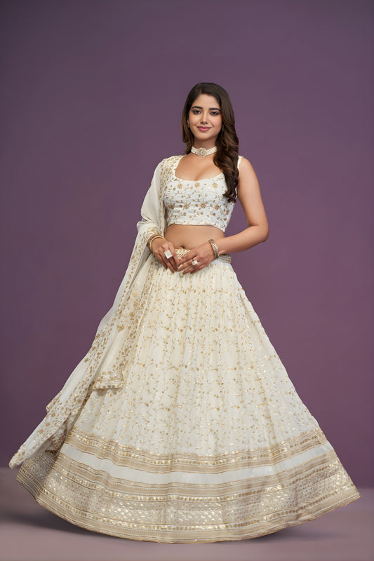 Stunning White Georgette Embroidered Lehenga Choli with Designer Dupatta for Wedding Wear