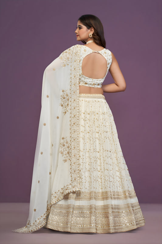 Stunning White Georgette Embroidered Lehenga Choli with Designer Dupatta for Wedding Wear