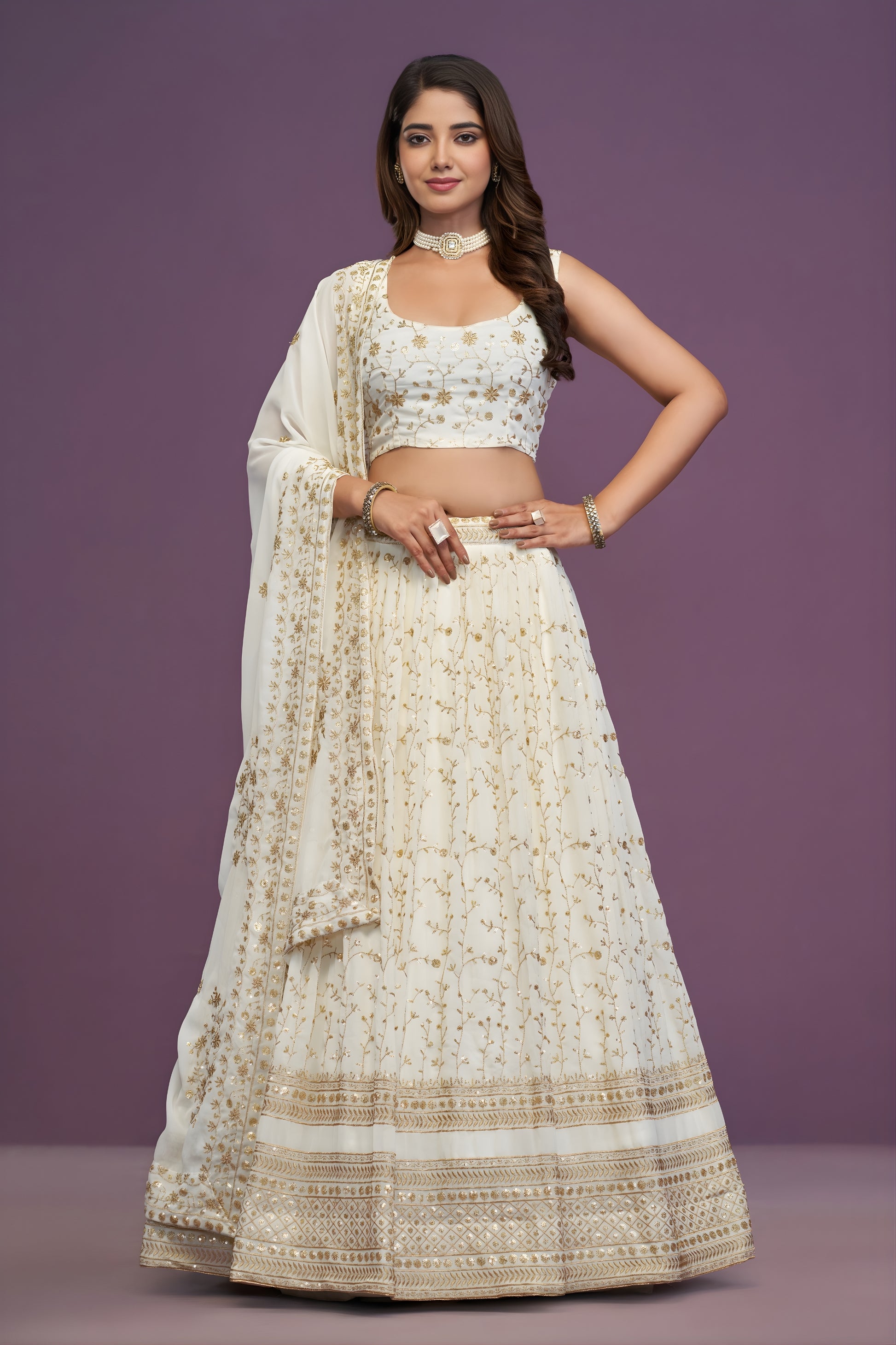 Stunning White Georgette Embroidered Lehenga Choli with Designer Dupatta for Wedding Wear