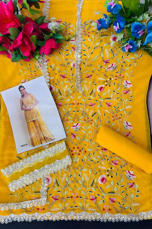 Elegant Mustard Yellow Georgette Embroidered Sharara Suit Designer Net Dupatta