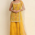Elegant Mustard Yellow Georgette Embroidered Sharara Suit Designer Net Dupatta