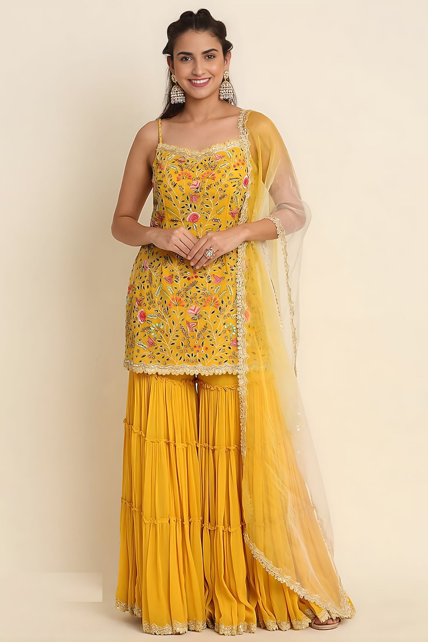 Elegant Mustard Yellow Georgette Embroidered Sharara Suit Designer Net Dupatta