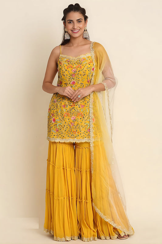 Elegant Mustard Yellow Georgette Embroidered Sharara Suit Designer Net Dupatta