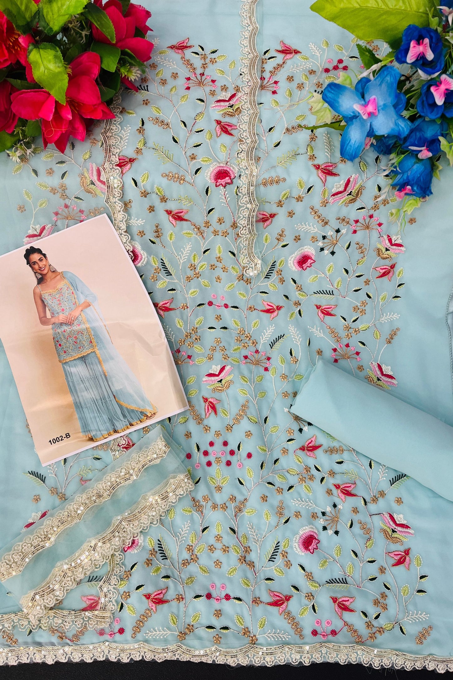 Elegant Sky Blue Georgette Embroidered Sharara Suit Designer Net Dupatta Wedding