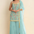 Elegant Sky Blue Georgette Embroidered Sharara Suit Designer Net Dupatta Wedding