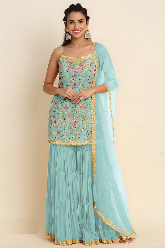 Elegant Sky Blue Georgette Embroidered Sharara Suit Designer Net Dupatta Wedding