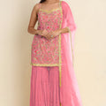 Beautiful Pink Georgette Embroidered Sharara Suit Designer Net Dupatta Wedding