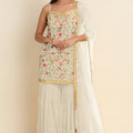 Elegant Off White Georgette Embroidered Sharara Suit Designer Net Dupatta Wedding