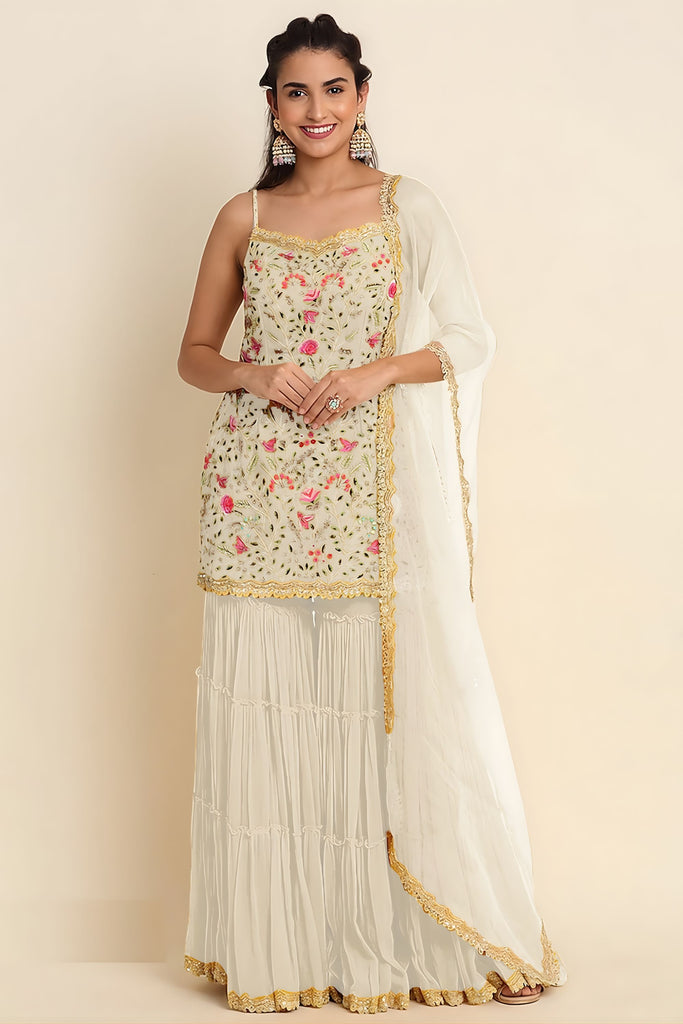 Elegant Off White Georgette Embroidered Sharara Suit Designer Net Dupatta Wedding